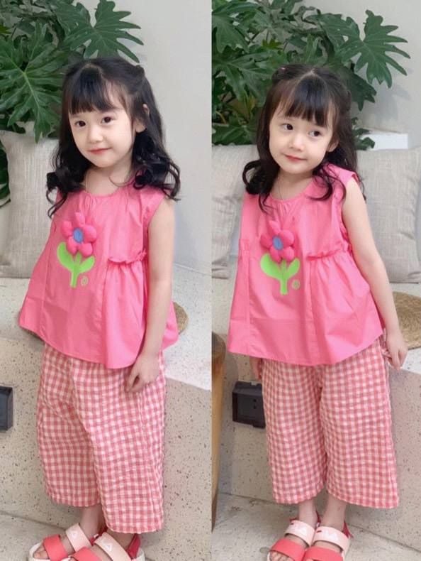  [8-9kg ; 13-17kg] Set Đồ Bộ Ngắn Kate Áo Sát Nách Quần Dài Bé Gái - Hồng Hoa Hồng 