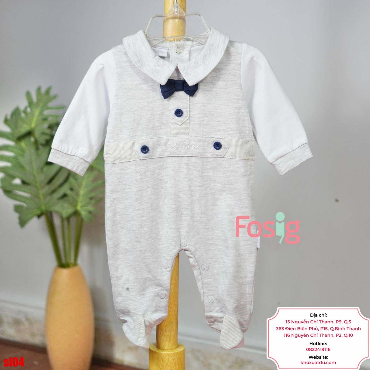  [1m] Sleepsuit Có Vớ Bé Trai - Xám Nơ Navy 