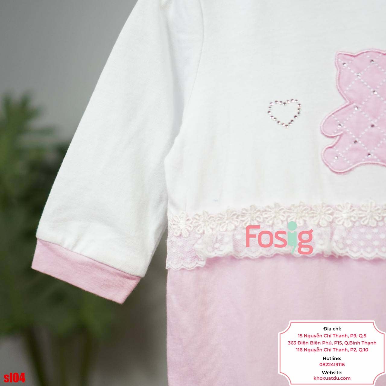  [3m] Sleepsuit Có Vớ Bé Gái - Trắng Hồng Gấu Cườm 