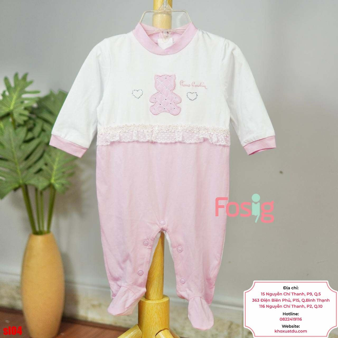  [3m] Sleepsuit Có Vớ Bé Gái - Trắng Hồng Gấu Cườm 