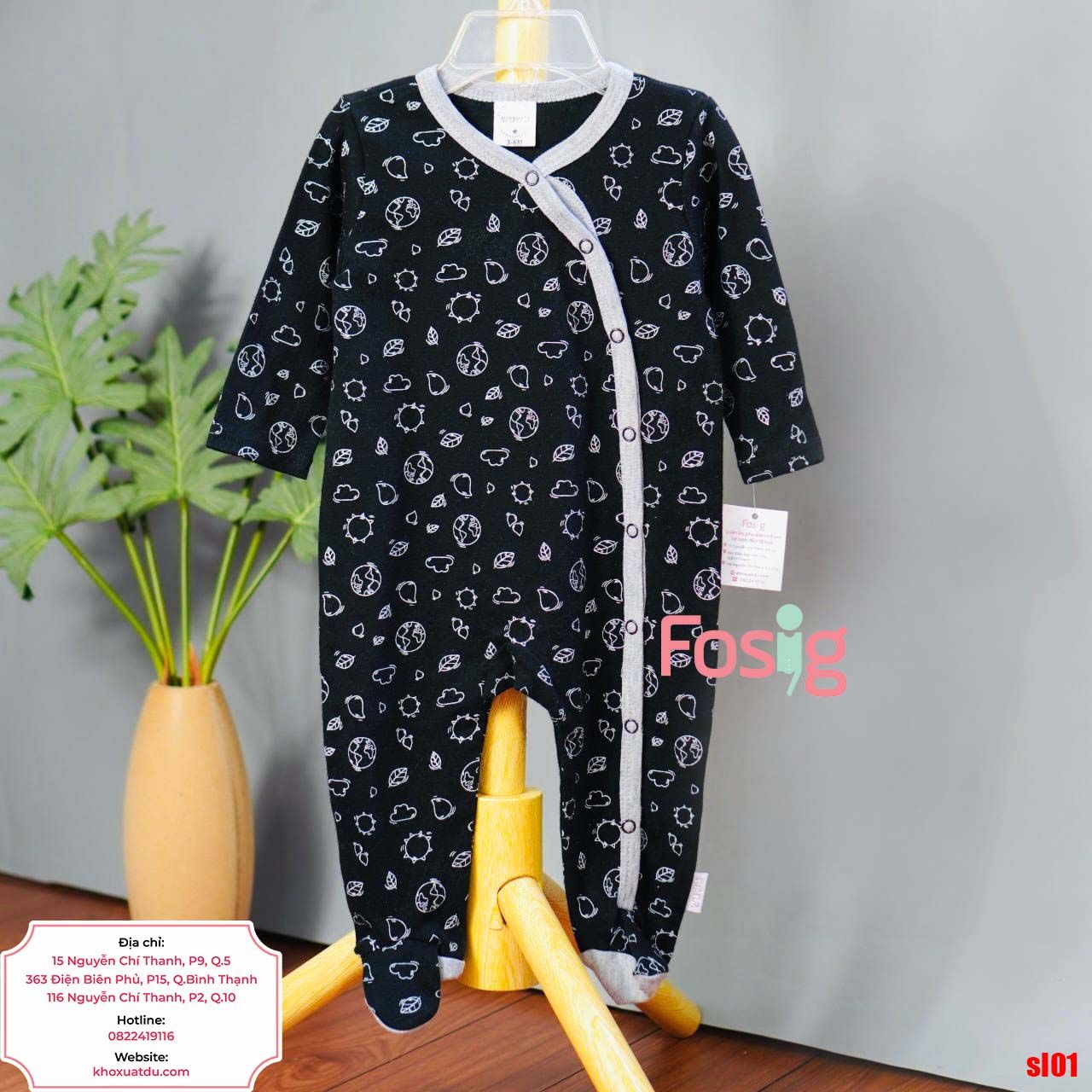  [6m] Sleepsuit Có Vớ Bé Trai - Đen Lá Trắng 