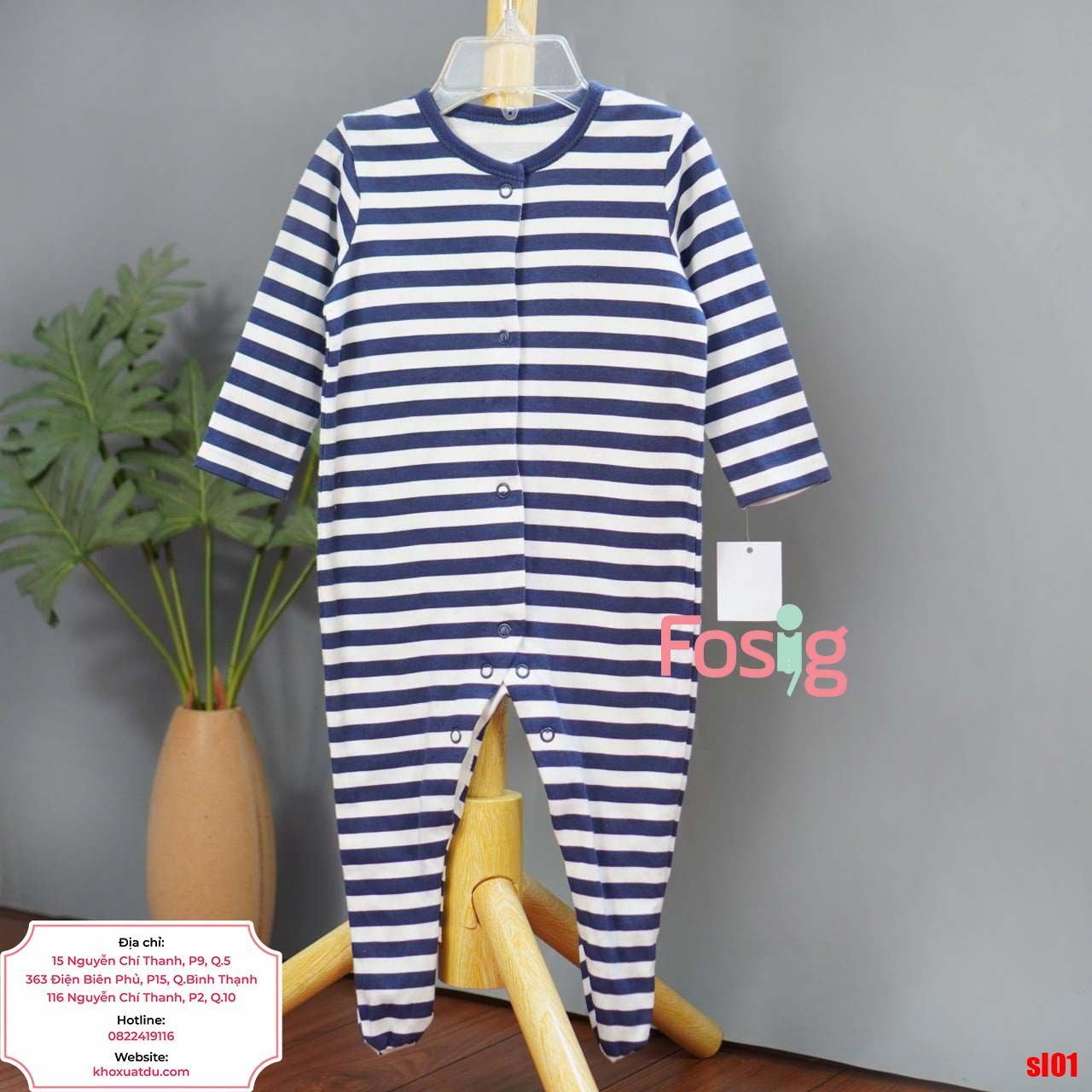  [6m] Sleepsuit Có Vớ Bé Trai - Navy Sọc Trắng 