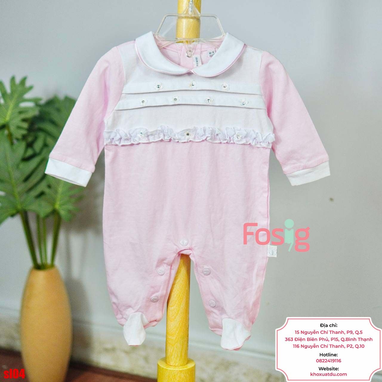  [1m] Sleepsuit Có Vớ Bé Gái - Hồng Trắng Hoa Cườm 