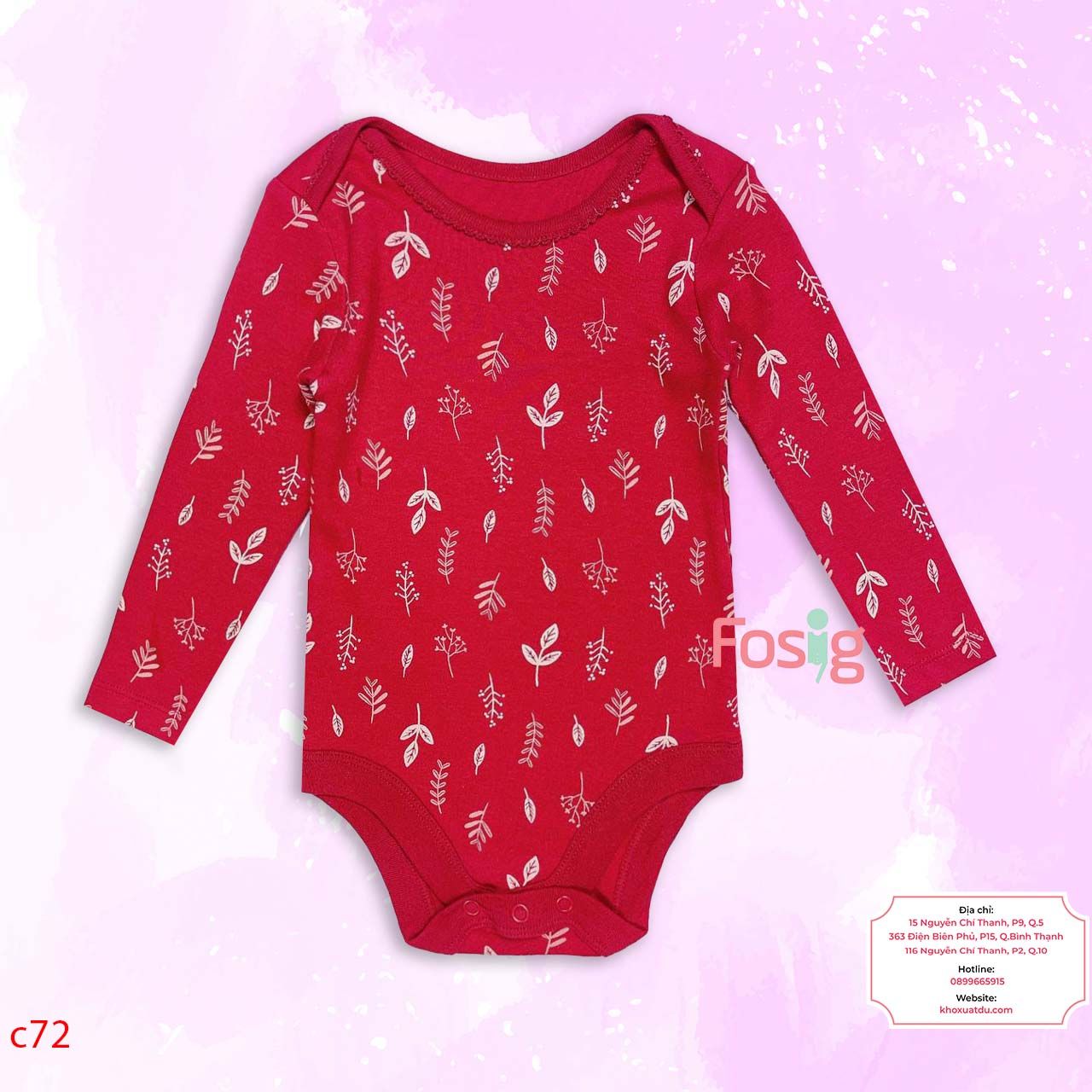  [6-9m] Bodysuit Tay Dài Bé Gái Geo - Đỏ Lá Trắng 