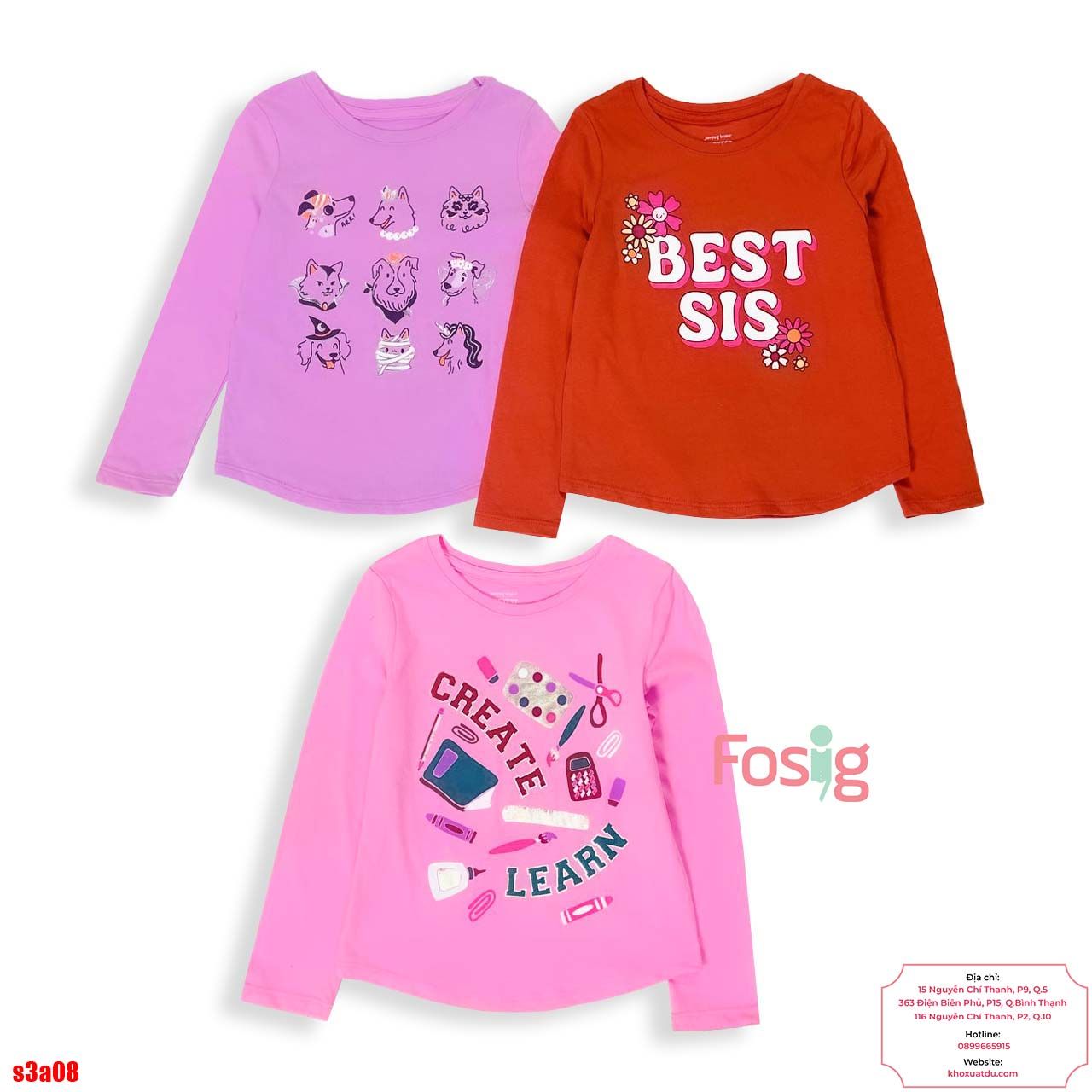 [8-44kg] Set 3 Áo Thun Tay Dài JB Bé Gái - Set màu ngẫu nhiên 