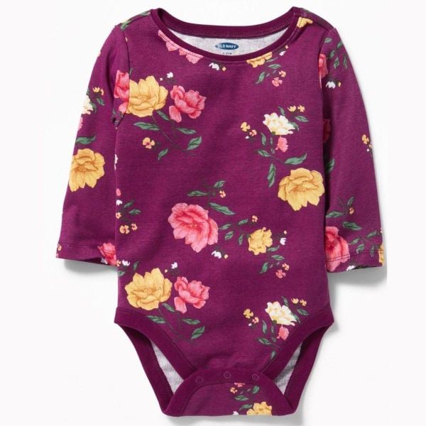 [0-6M] Bodysuit Tay Dài Bé Gái ON - Tím Hoa Vàng Hồng 