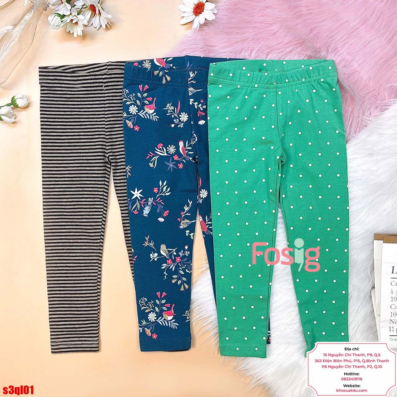  [6-18kg 24-33kg] Set 3 Quần Dài Legging Cter Bé Gái Mix Nhiều Màu - Combo Màu Ngẫu Nhiên 