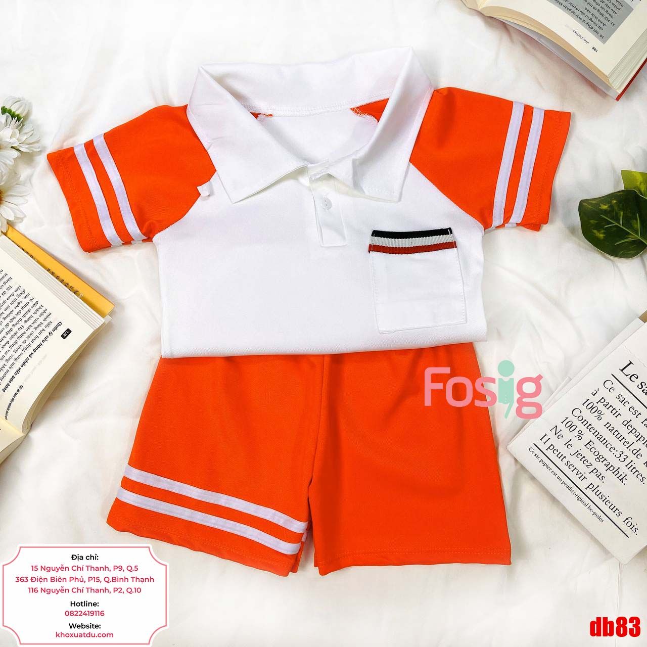  [8-18kg] Set Đồ Bộ Ngắn Polo Bé Trai - Cam Trắng 