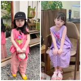  [8-12kg; 15-16kg] Set Đồ Bộ Ngắn Kate Áo Sát Nách Quần Dài Bé Gái - Tím Hoa Hồng 