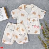  [6-10] Set Đồ Bộ Ngủ Ngắn Pijama Vải Xô Cho Bé - Kem Gấu Nâu 