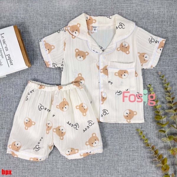  [6-15kg] Set Đồ Bộ Ngủ Ngắn Pijama Vải Xô Cho Bé - Kem Gấu Nâu 