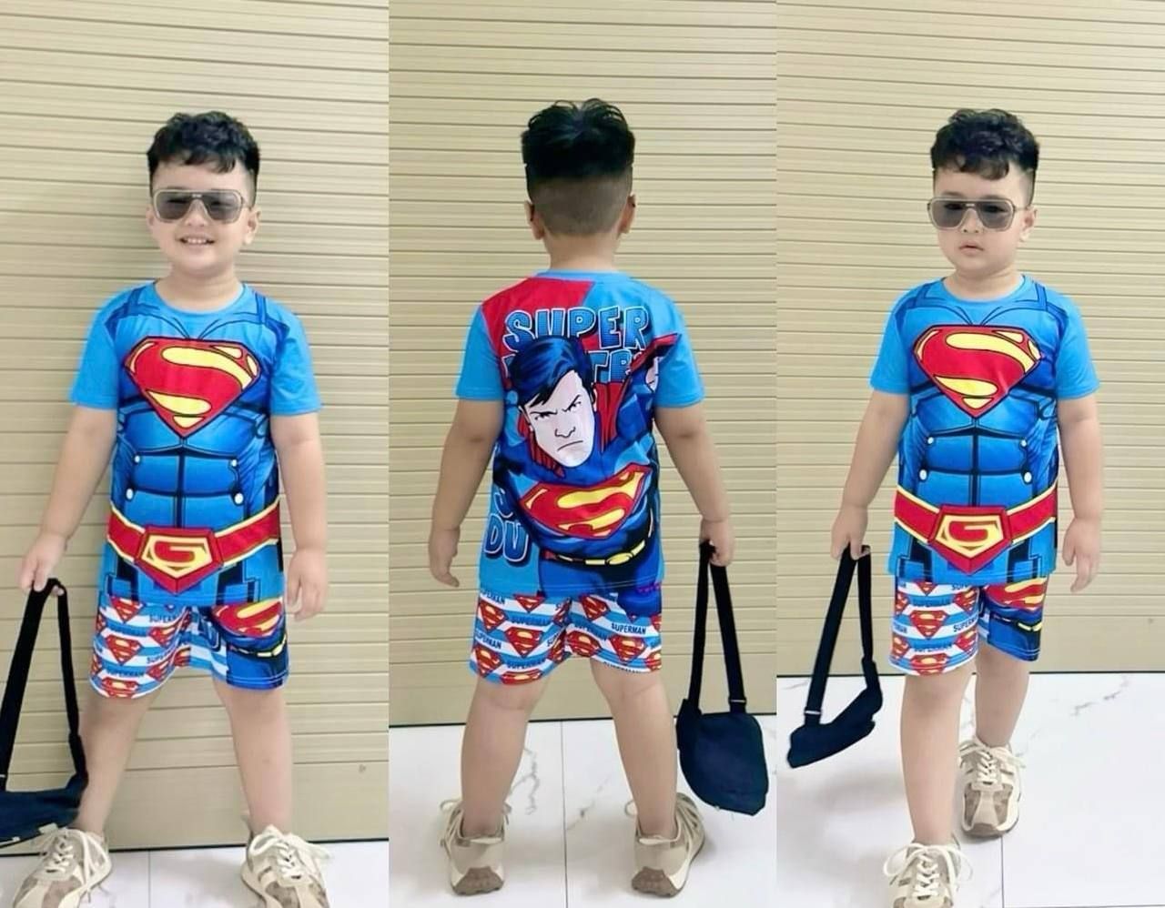  [10-16kg; 24-26kg] Set Đồ Bộ Ngắn Thun Cotton Bé Trai - Xanh Super Man 