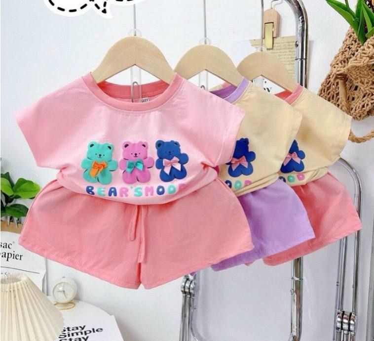  [7-17kg] Set Đồ Bộ Gấu Ngắn Bé Gái - Hồng Gấu 