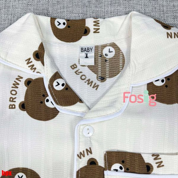  [6-15kg] Set Đồ Bộ Ngủ Ngắn Pijama Vải Xô Cho Bé - Trắng Gấu Nâu 