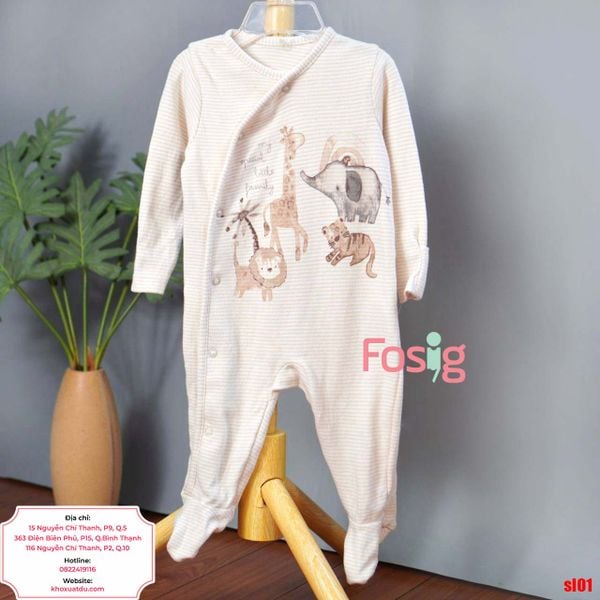  6m] Sleepsuit Cúc Bấm Có Vớ Bé Trai - Sọc Kem Thú 