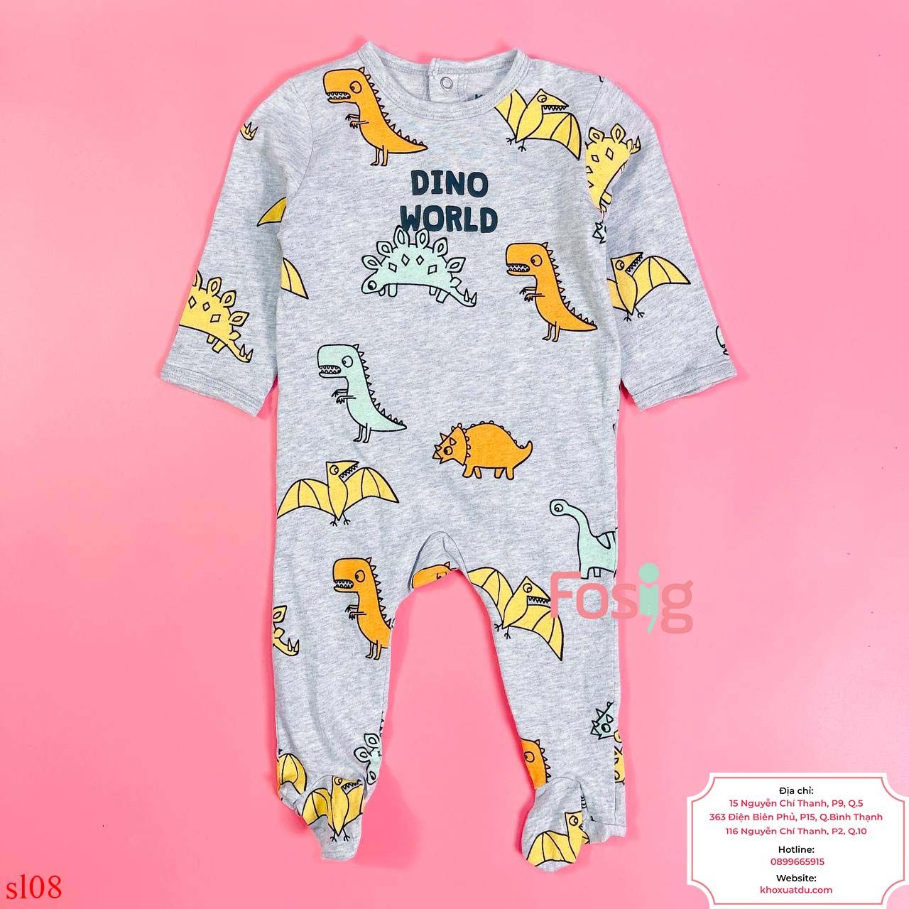  [10-11kg] Sleepsuit Cúc Bấm Có Vớ KB Bé Trai - Xám KL Dino World 