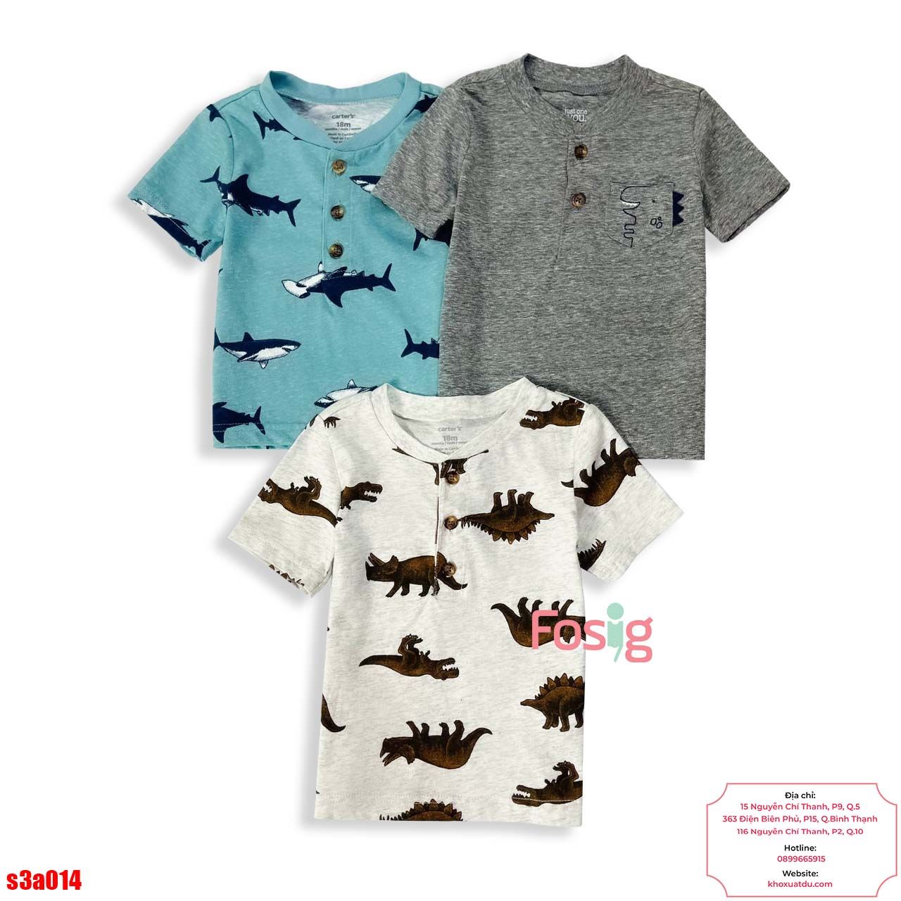  [6-11kg] Set 3 Áo Thun Tay Ngắn Cổ Trụ Cter Bé Trai - Combo màu ngẫu nhiên 