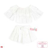  [9-21kg] Set Bộ Áo Nhúng Trễ Vai organza Và Chân Váy Bé Gái - Trắng 