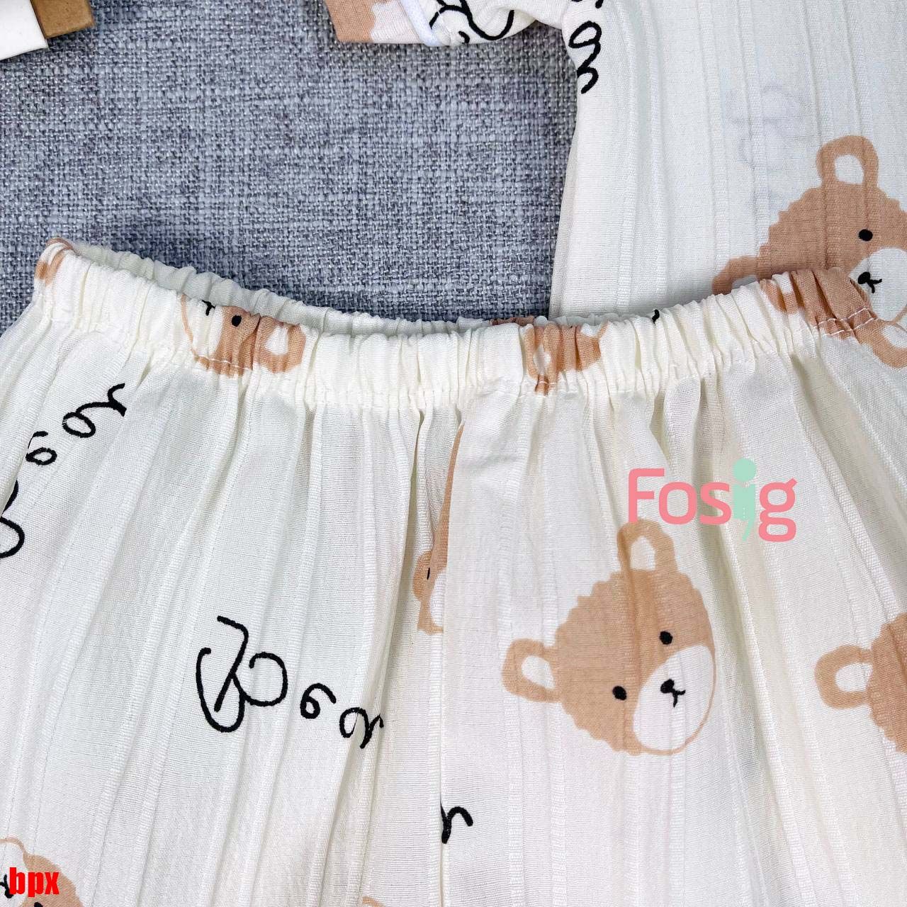 [6-10] Set Đồ Bộ Ngủ Ngắn Pijama Vải Xô Cho Bé - Kem Gấu Nâu 