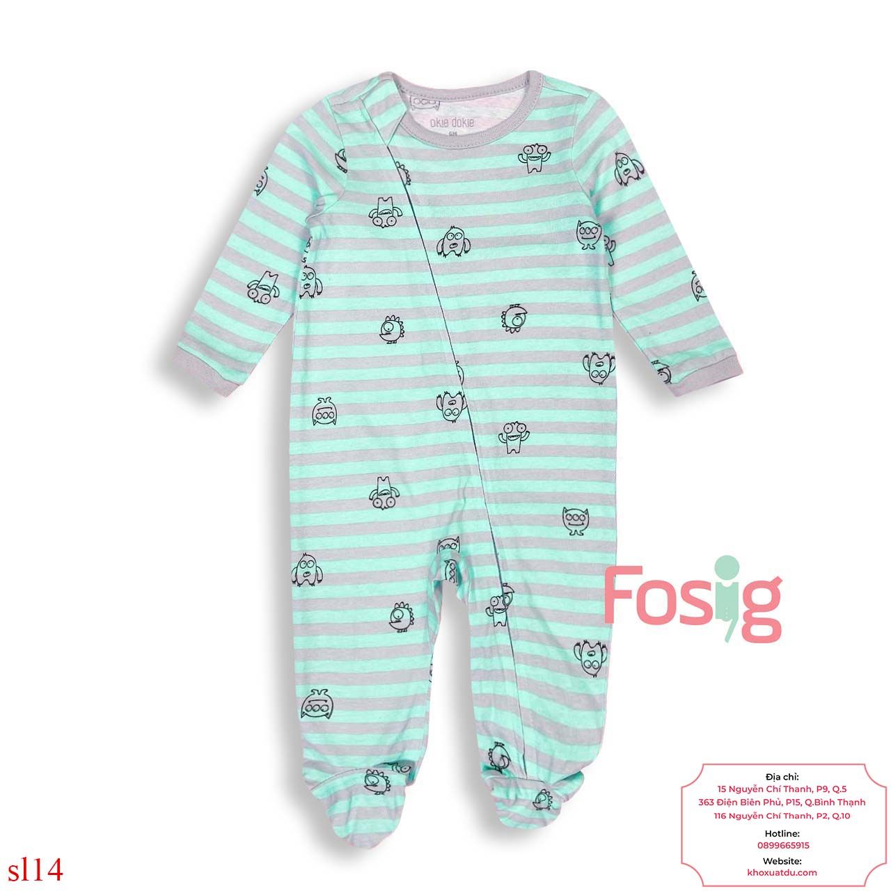  [3-6m] Sleepsuit Khóa Kéo Có Vớ OK Bé Trai - Xanh Ngọc Sọc Xám 