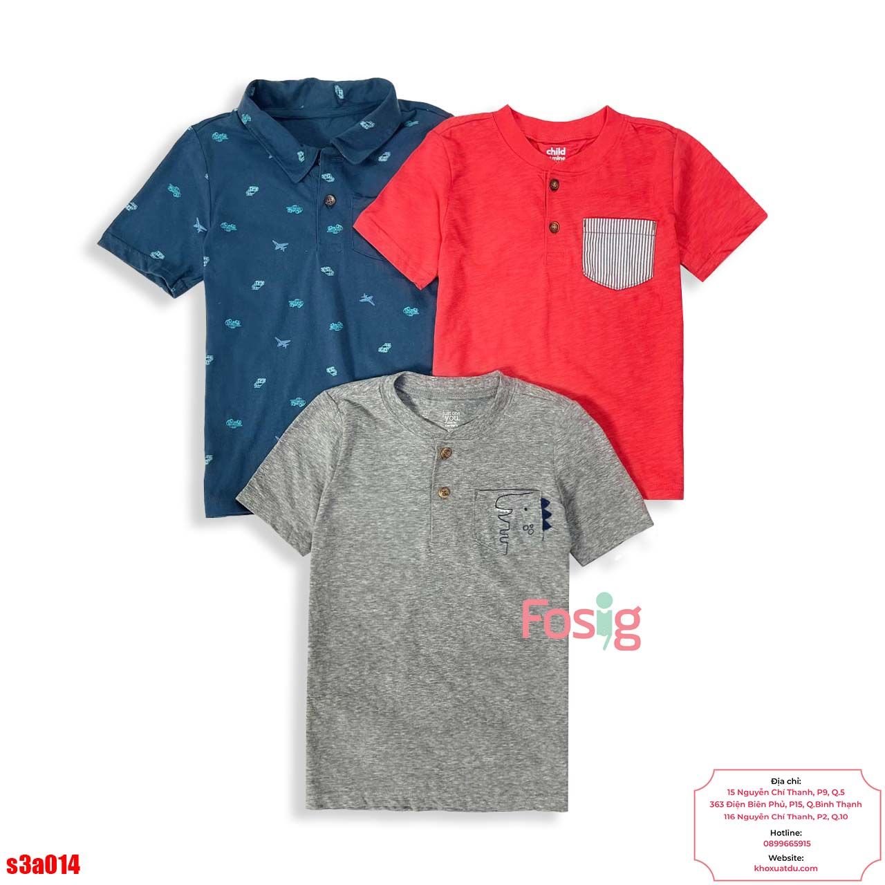  [6-11kg] Set 3 Áo Thun Tay Ngắn Cổ Trụ Cter Bé Trai - Combo màu ngẫu nhiên 