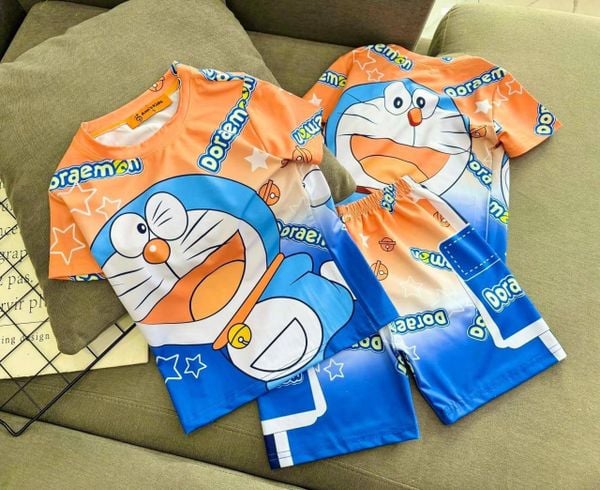  7-11kg Set Đồ Bộ Ngắn Thun Lạnh Bé Trai - Cam Doraemon 