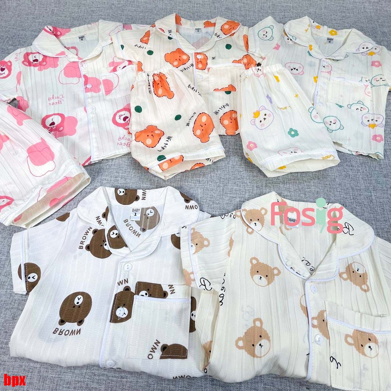  [6-13kg] Set Đồ Bộ Ngủ Ngắn Pijama Vải Xô Cho Bé - Trắng Gấu Nâu 