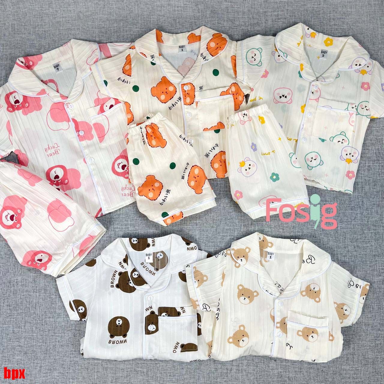  [6-9kg; 12-13kg] Set Đồ Bộ Ngủ Ngắn Pijama Vải Xô Cho Bé - Kem Gấu Hoa 