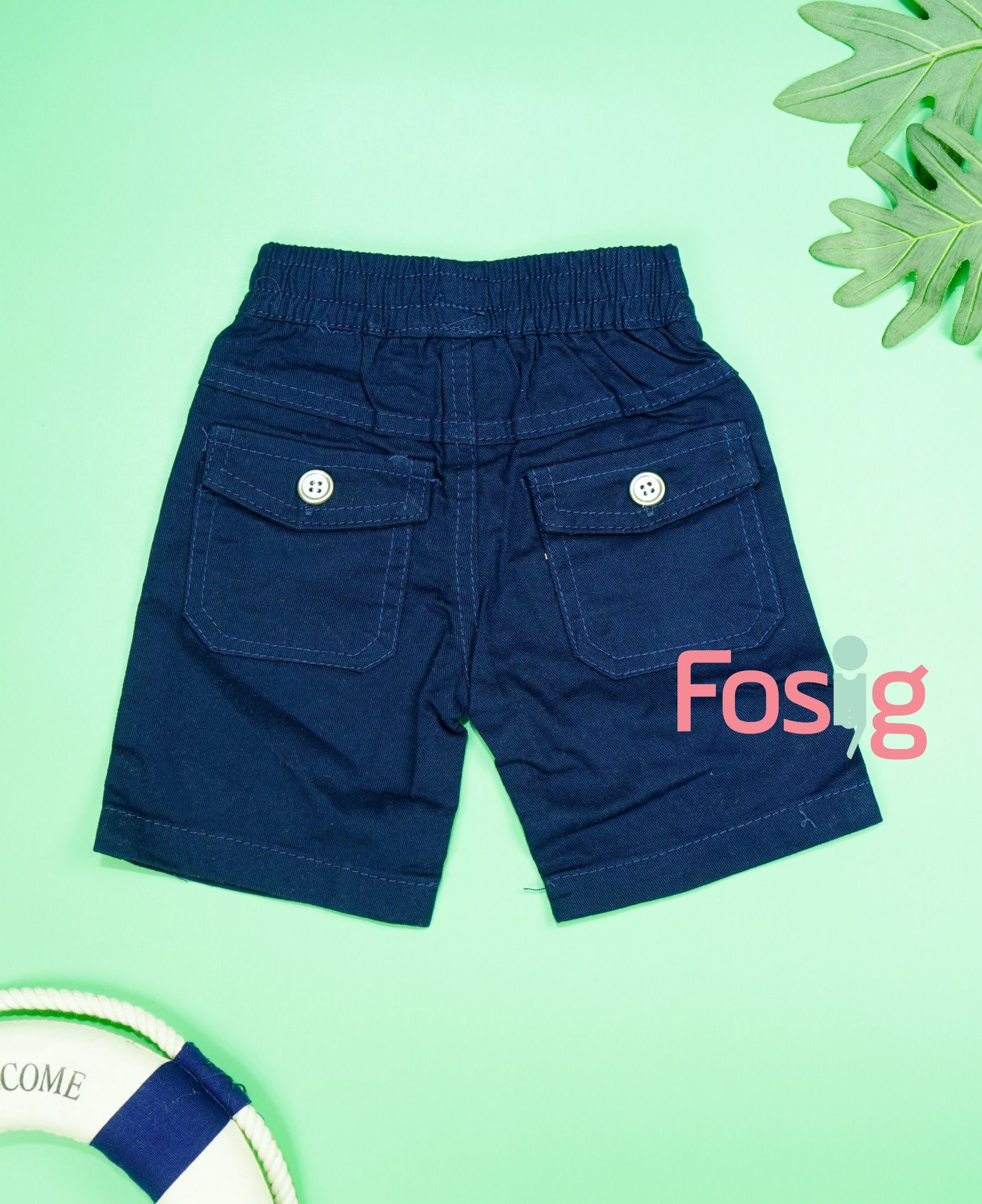  [3m-9m] Quần Short Kaki Bé Trai - Navy Chỉ Xanh Lá 