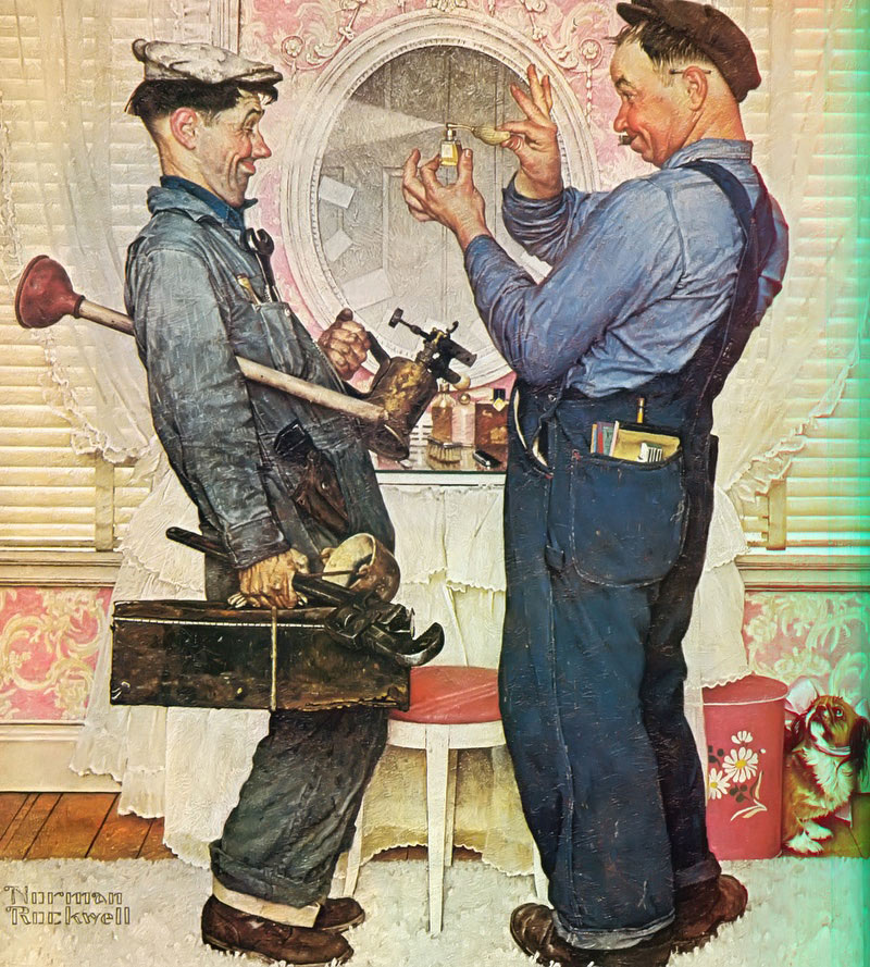 Kunstneriske Final lokalisere Two Plumbers And A Dog by Norman Rockwell Print from Print Masterpieces.  All Artwork can be Optionally Framed. Print Masterpieces - Curated Fine Art  Canvas Prints and Oil on Canvas Artwork