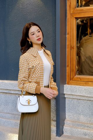 Bomber túi ốp cổ đức gingham be vàng