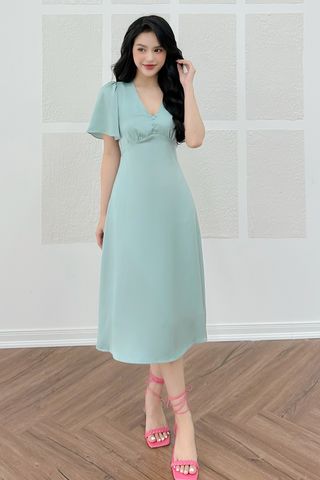 Midi lụa cổ v lụa xanh olive