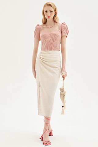 Midi skirts casual style giả đũi trơn cream