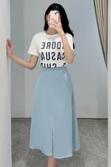 Midi skirts tuytsy xanh thiên thanh xẻ thân trước