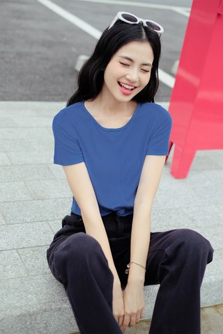 Cropped T-shirts casual style cotton trơn blue