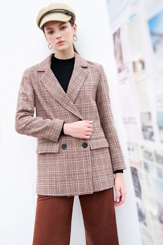 Áo khoác dạ houndstooth nâu nhạt