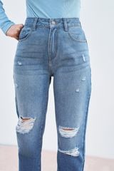 Mom fit jeans casual style blue rách gối
