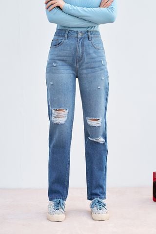Mom fit jeans casual style blue rách gối