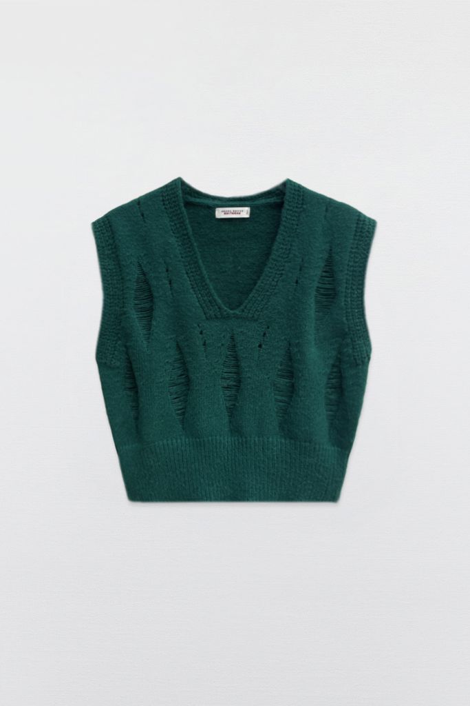 Gile len cashmere giãn sợi dark green cổ tim