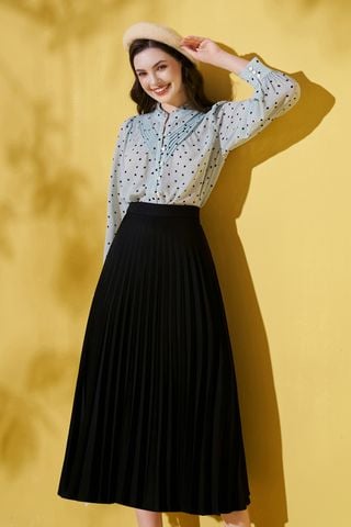 Midi skirts casual style tuytsy trơn đen dập ly