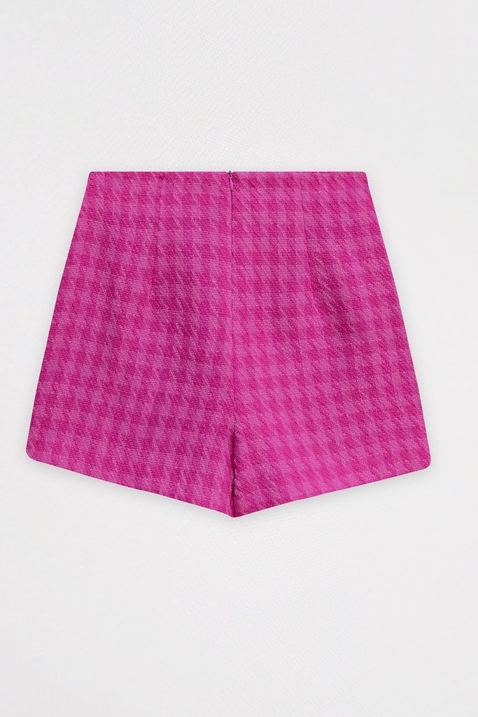 Quần váy houndstooth hồng khuy kim loại vạt lệch