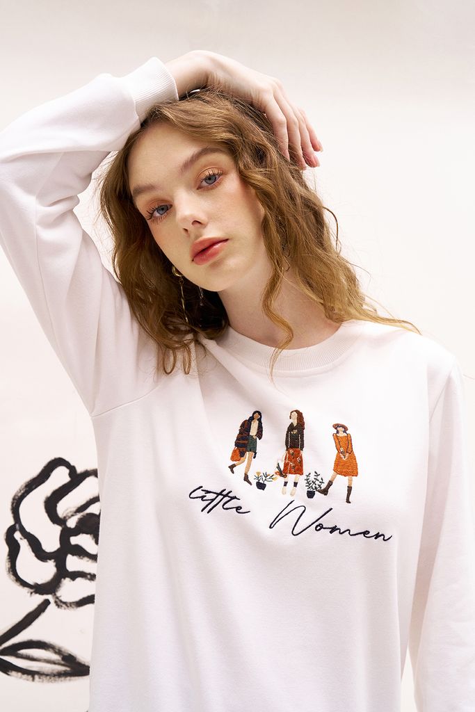 Sweatshirts casual style da cá trắng thêu little women