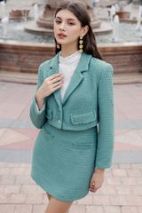 Chân váy mini tweed smoke green rua túi