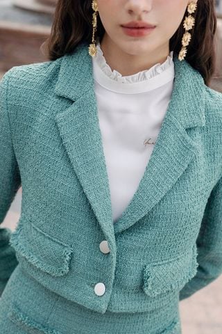 Áo khoác tweed smoke green khuy kim loại