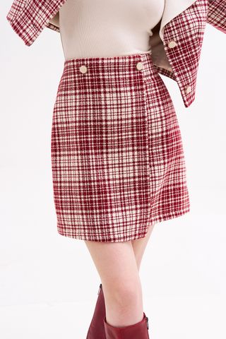 Mini skirts casual style tweed karo đỏ vạt chồng