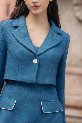 Áo khoác tweed xanh cổ vịt dáng crop