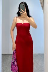 Midi dresses resort style poly xốp trơn đỏ đô