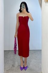 Midi dresses resort style poly xốp trơn đỏ đô