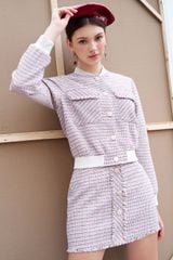 Chân váy mini tweed karo đỏ mix sợi khuy trang trí