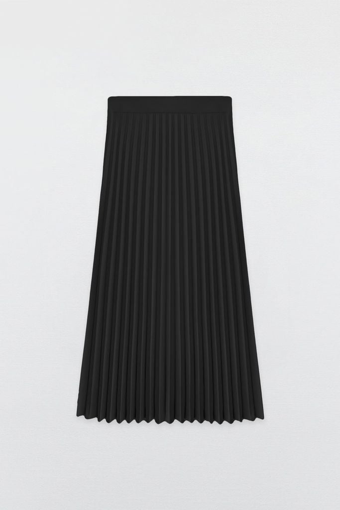 Midi skirts casual style tuytsy trơn đen dập ly